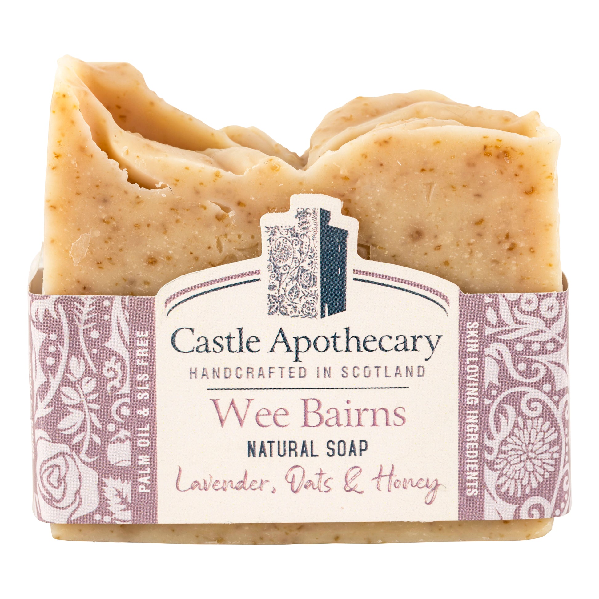 Wee Bairns Cold pressed Natural Soap Bar rectangular shape made with Scottish Oats, Honey and Gently scented with Lavender essential oil.  The rectangular bar can fit in a hand.