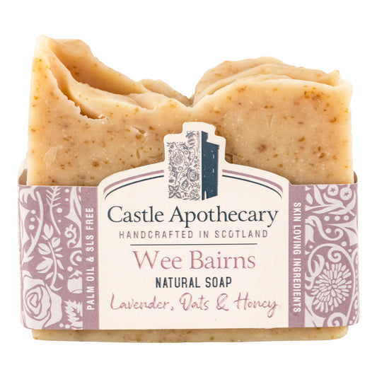 Wee Bairns Cold pressed Natural Soap Bar rectangular shape made with Scottish Oats, Honey and Gently scented with Lavender essential oil.  The rectangular bar can fit in a hand.