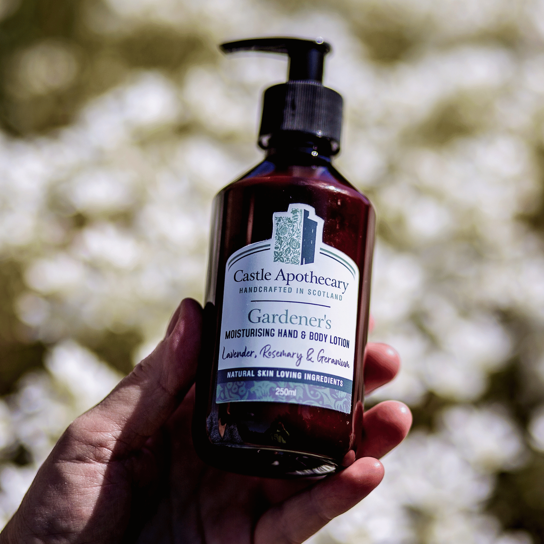 Best selling Scottish natural skincare Moisturising Hand & Body Lotion with British ingredients of English Lavender, English Rosemary and Rose Geranium. Scent of a historic castle garden.  Absorbs quickly leaving hands feeling soft and nourished.  Spa like fragrance