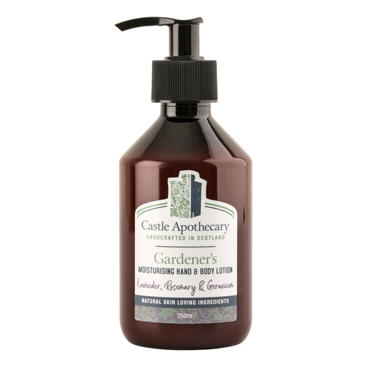 Scottish natural skincare regular size Moisturising Hand & Body Lotion with British ingredients of English Lavender, English Rosemary and Rose Geranium. Scent of a historic castle garden