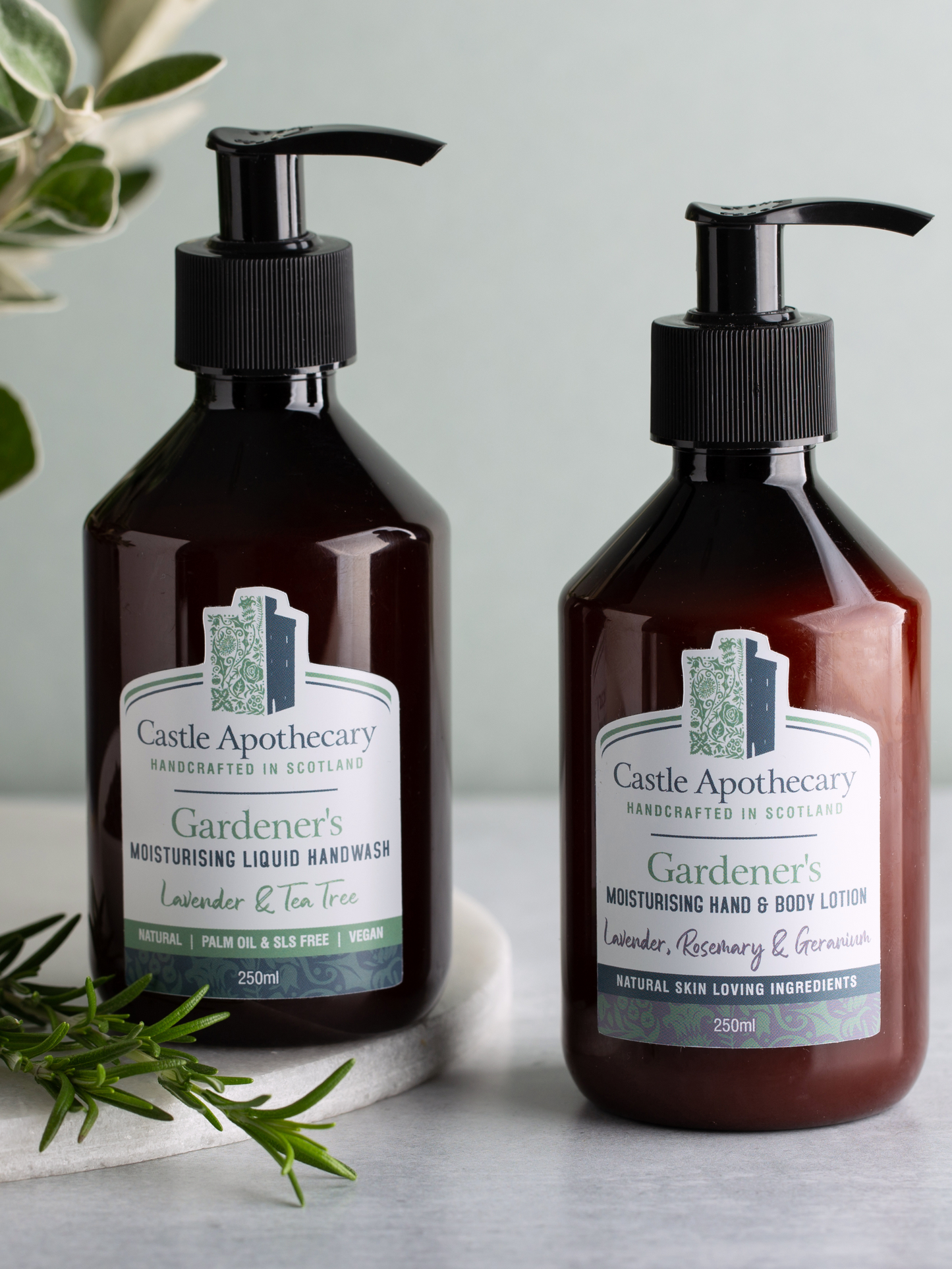 Scottish natural skincare gift set made in Scotland.  Liquid soap with Scottish Sea Salt  and Moisturising Hand & Body Lotion with British ingredients of English Lavender, English Rosemary and Rose Geranium